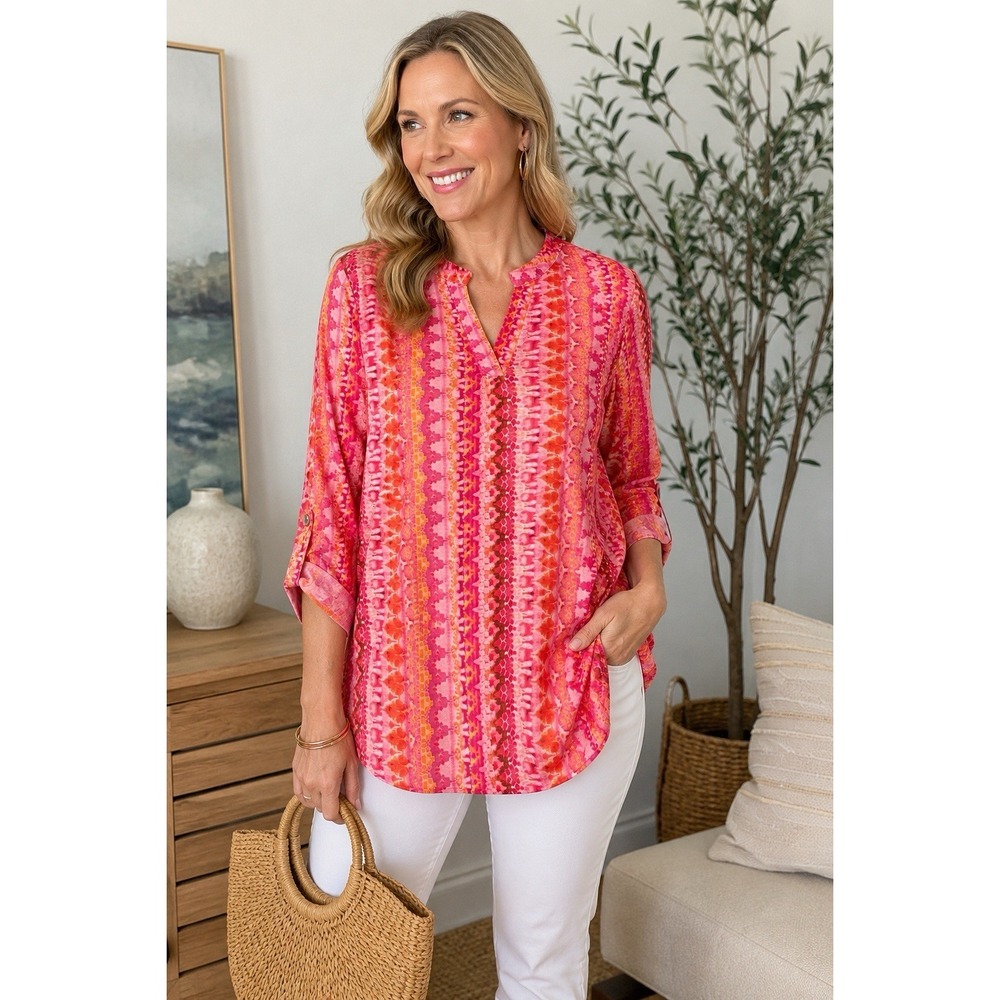 Dear Scarlett M Pink Coral Abstract Print Tunic Blouse‎ Roll Tab Sleeve Travel